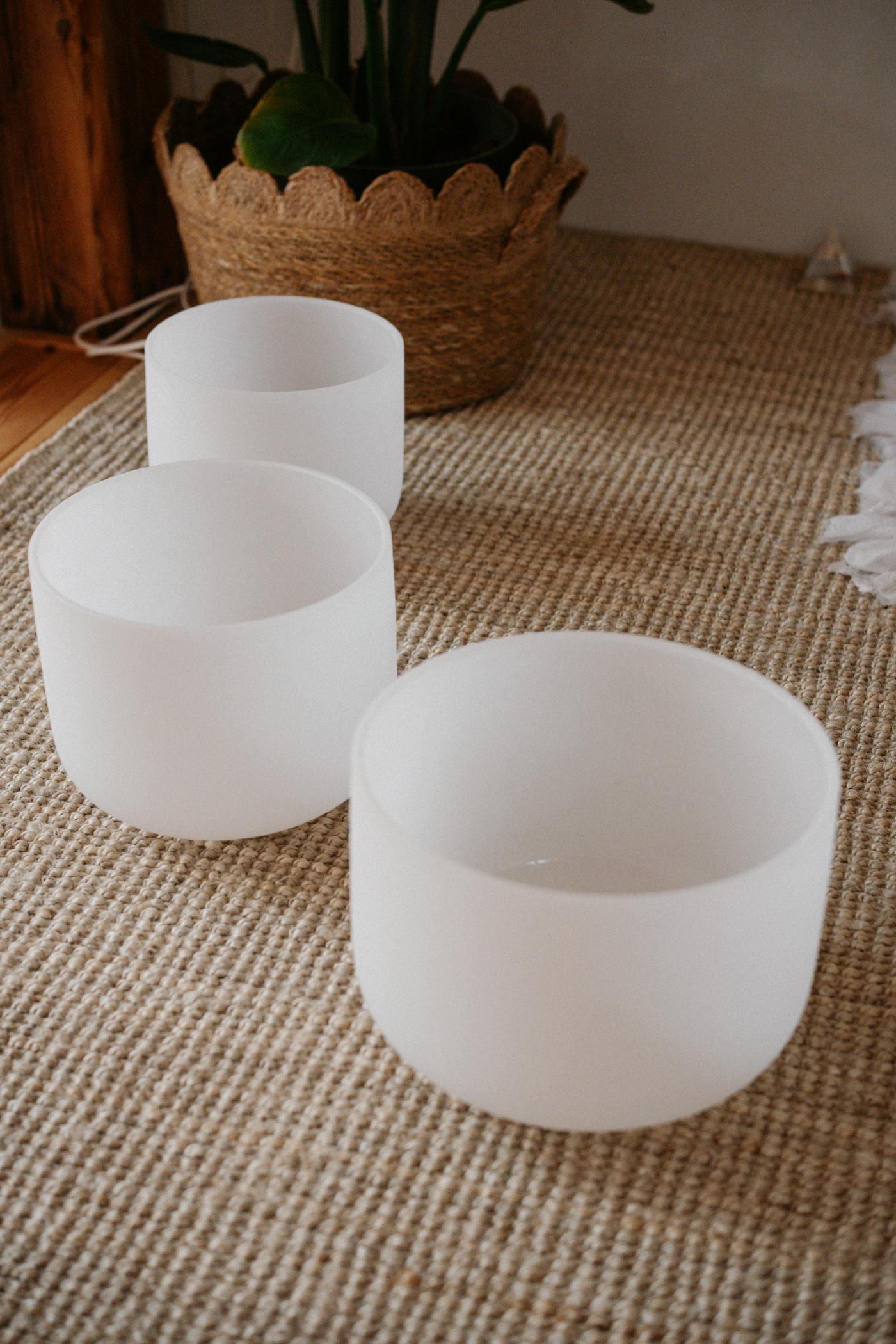 Crystal sound bowls in a calm wellness room